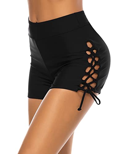 Lecieldusoir Women's Swim Shorts High Waisted Bathing Suit Bottoms Tummy Control Swimwear Boy Short Swimsuit Board Shorts Black