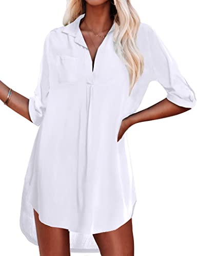 Ekouaer Women’s Beachwear 3/4 Sleeves Swimsuit Cover Up Beach Shirt Dress White
