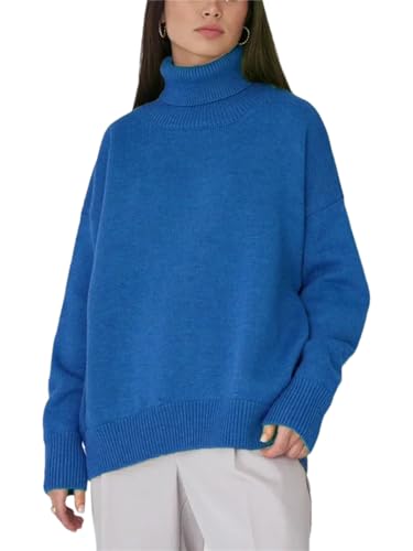 Women's Solid Turtleneck Pullover Sweater Casual Long Sleeve Warm Thick Sweater Top Blue M