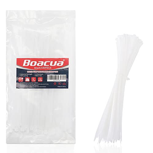 8 Inch Zip Cable Ties (100 Pieces), Self-Locking Premium Nylon Cable Wire Ties,Heavy Duty White, for Indoor and Outdoor by Boacua