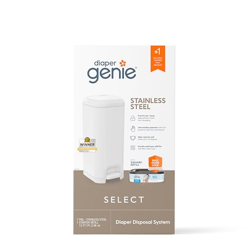 Diaper Genie Select Pail is Made of Durable Stainless Steel and Includes 1 Starter Square Refill That can Hold up to 165 Newborn-Sized Diapers.