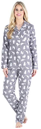 PajamaMania Women's Cotton Flannel Long Sleeve Button-Down Pajamas PJ Set, Grey Cats, Medium