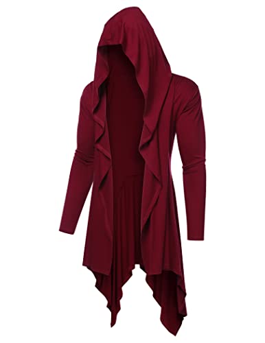 COOFANDY Long Hooded Cardigan Ruffle Shawl Collar Open Front Lightweight Drape Cape Overcoat with Pockets Wine Red