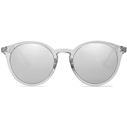 SOJOS Retro Round Polarized Sunglasses for Women Men Classic Vintage Sunnies SJ2069, Clear Grey/Silver Mirrored