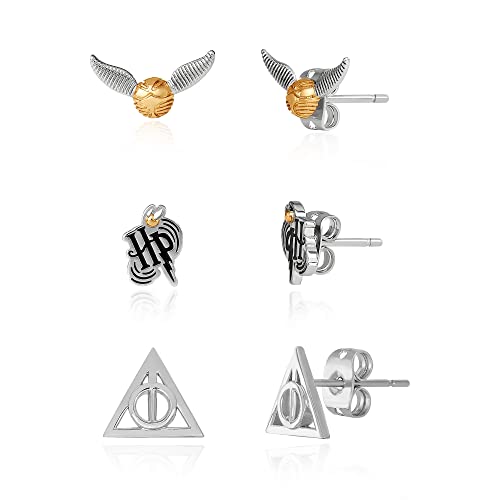 Harry Potter Jewelry, Stud Earrings Sets, 3 Pairs - HP, Deathly Hallows, and Golden Snitch, Gold Plated, Silver Plated