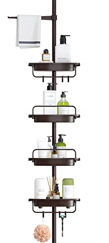 ALLZONE Shower Caddy Corner Organizer for Bathroom,Bathtub Shampoo Storage Holder Rack with Rustproof Stainless Tension Pole,4-Tier Adjustable Shelves,Stand on Floor, 39.2 to 113 Inches Height,Brown