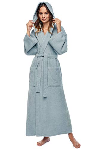 Arus Women's Classic Long Hooded Full Length Bathrobe Turkish Cotton Ankle Length Robe Seafoam XS