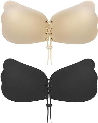 Strapless Bra Sticky Bra 2 Pairs Backless, Adhesive, Invisible, Push up Bra for Women Stick on Bra, Black and Nude, A Cup