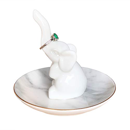 HOME SMILE White Elephant Ring Holder with Marble Pattern Dish,Elephant Gifts for Women Chritsmas