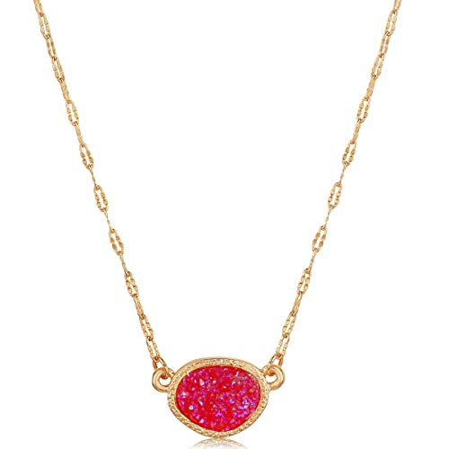 Humble Chic Simulated Druzy Delicate Necklace for Women, Boho Gold-Tone Dainty Chain-Link Simple Pendant, Gold - Hot Pink Stone