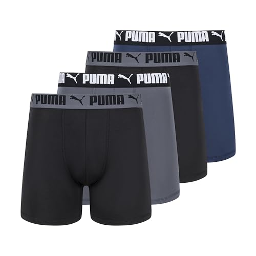 PUMA Men's 4 Pack Active Stretch Boxer Briefs, Blue/Black/Grey, Large