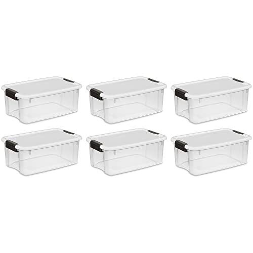 Sterilite 18 Qt Ultra Latch Box, Stackable Storage Bin with Lid, Plastic Container with Heavy Duty Latches to Organize, Clear and White Lid, 6-Pack