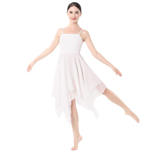 ODASDO Women Lyrical Dance Dress Ballet Modern Contemporary Dance Costume Spaghetti Straps Handerkerchief Hem Chiffon Flowy Skirt Ballroom Cha Cha Clothes White M