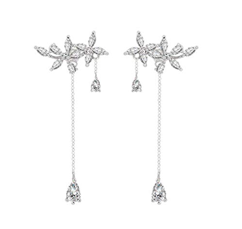 SLUYNZ 925 Sterling Silver CZ Flowers Wrap Earrings Dangle Chain for Women Elegant Bridal Earrings Wedding Engagement Drop Earrings (A-Silver)