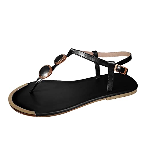 Open Toe Flat Sandals for Women Flops Buckle Roman Style Casual Summer Shoes Elastic Strap T-Strap Thong Flats Sandal 01_Black, 6