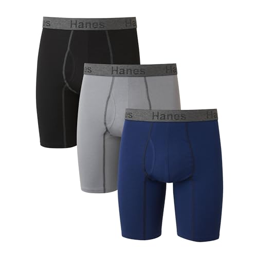 Hanes Mens 3-pack Comfort Flex Fit Ultra Soft Stretch Brief, Available In Regular And Long Leg Boxer, Gray/Blue- Long Leg - 3 Pack, X-Large US