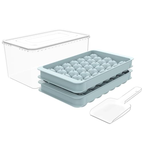 Round Ice Cube Tray with Lid & Bin Ice Ball Maker Mold for Freezer with Container Mini Circle Ice Cube Tray Making 66x0.8in Sphere Ice Chilling Cocktail Whiskey Tea Coffee 2 Trays 1 ice Bucket & Scoop