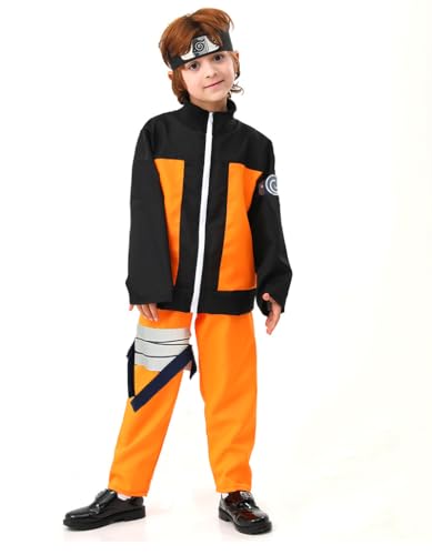 Kids Anime Cosplay Costumes Child Uzumaki Jackets Pants with Headband Halloween Anime Outfit (Large/5-7 Years)