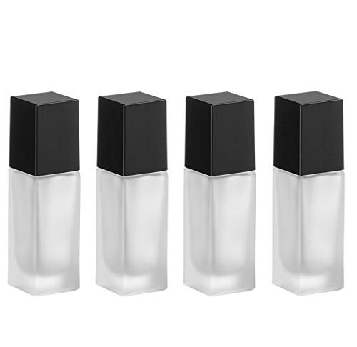 USRommaner 4 Pack,1 oz/30ml Matte Glass Essence Lotion Pump Bottle,Empty Square Cosmetic Container Travel Liquid Foundation Base Dispenser Vials with Pressure Pump Head and Lid