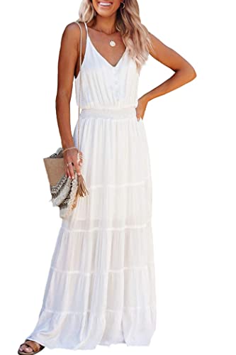 PRETTYGARDEN Women's Casual Summer Dress Spaghetti Strap Sleeveless High Waist Beach Long Maxi Sun Dresses (White,Medium)