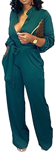 SeNight Elegant Jumpsuits For Women Business V Neck Dark Green Long Sleeve Sexy Stand Collar Button Down Straight Long Pants Business Rompers With Pockets Waistband