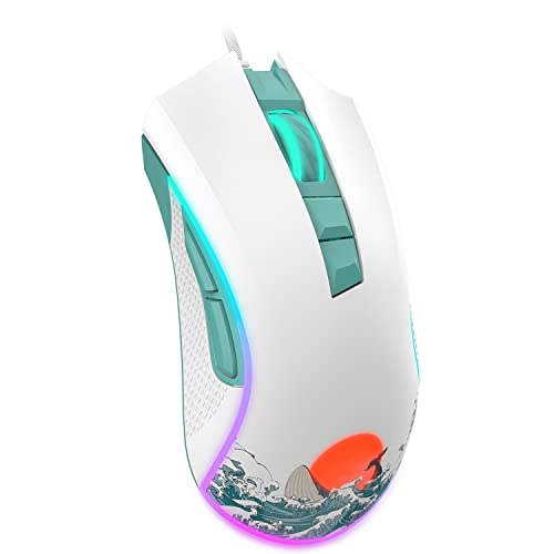 COSTOM G705 Wired Gaming Mouse, RGB Backlit PC Gaming Mouse with Adjustable 12000DPI/7 Programmable Buttons, Gamer Computer USB Mouse for Windows Mac Laptop PC, Coral Sea Theme