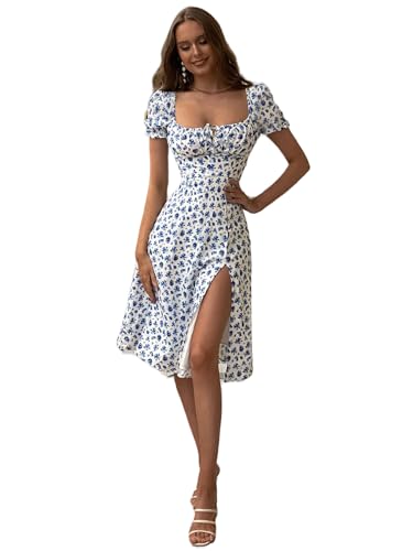 Floerns Women's Ditsy Floral Sweetheart Puff Sleeve A Line Midi Dress Blue and White L