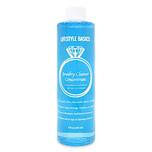 Lifestyle Basics Jewelry Cleaner Solution Liquid Concentrate 8 oz | Cleans Rings, Earrings, Necklaces | Safe for Diamonds, Gold, Silver, Gemstones, and Metals | 1 Bottle Makes 8 Cups