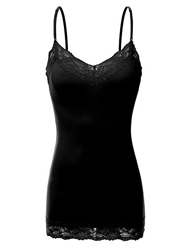 RT1004 Ladies Adjustable Spaghetti Strap Lace Trim Long Tunic Cami Tank Top Black S