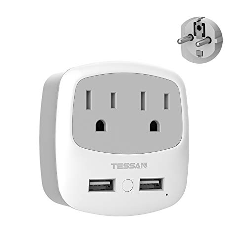 TESSAN Germany France Travel Power Adapter, Schuko Plug Converter with 2 USB Ports 2 AC Outlets, US to European Europe German French Spain Iceland Norway Russia Korea Adaptor(Type E/F)