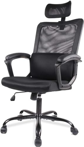 SMUG Office Desk Computer Chair, Ergonomic High Back Comfy Swivel Gaming Home Mesh Chairs with Wheels, Lumbar Support, Adjustable Headrest,Comfortable Pillow,Soft Arms,120°tilt for Bedroom,Study,Black