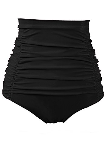 COCOPEAR Women's Ruched High Waisted Bikini Bottom Retro Vintage Swim Short Tankinis Black M/8-10