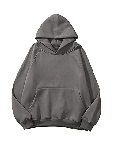 Lauweion Women Solid Basic Fleece Letter Loose Hoodie Sweatshirt Long Sleeve Kangaroo Pocket Drop Shoulder Pullovers Top Dark Grey