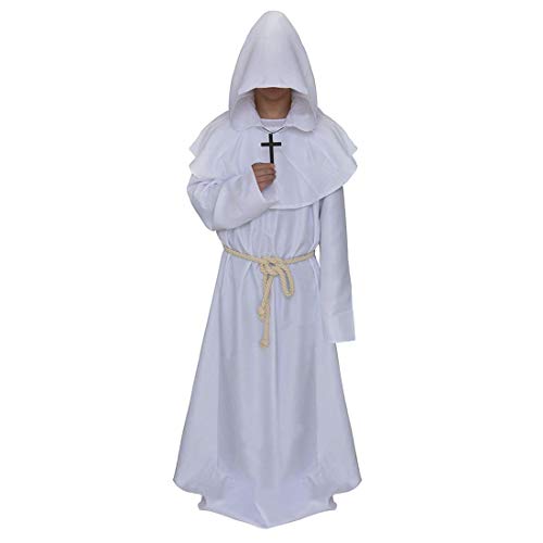 Adults Medieval Priest Costume Renaissance Friar Monk Wizard Cosplay Hooded Robe Long Gown Halloween Fancy Dress (L, White)