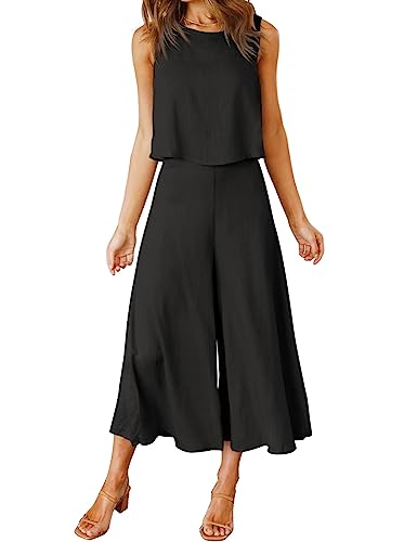 ROYLAMP Women's Summer 2 Piece Outfits Round neck Crop Basic Top Cropped Wide Leg pants Set Jumpsuits Black M