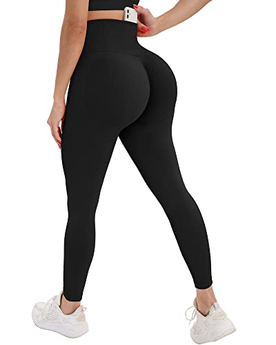 CHRLEISURE Butt Lifting Workout Leggings for Women, Scrunch Butt Gym Seamless Booty Tight (AMZ025, Black L)