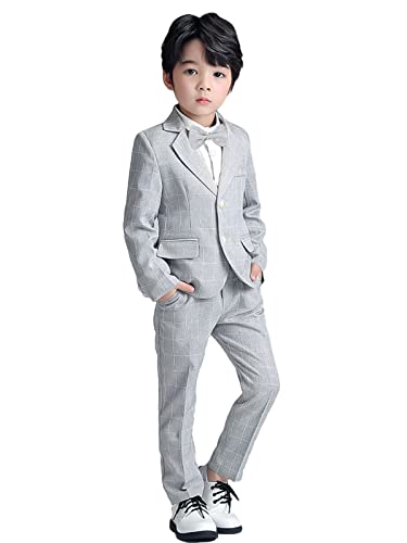 LOLANTA Boys Suit Gentleman Suit for Baby Boy Gentleman Outfits Wedding Ring Bearer Outfit Kids Suit Set, Plaid Blazer Suit Pants Bow Tie (Grey 6-7Years)