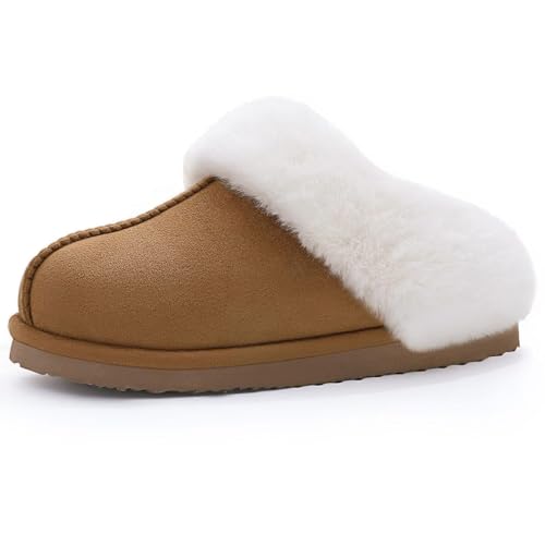 Litfun Fuzzy House Slippers for Women Fluffy Memory Foam Suede Slippers with Faux Fur Collar Indoor Outdoor, Brown 44/45 (Size 9.5-10)