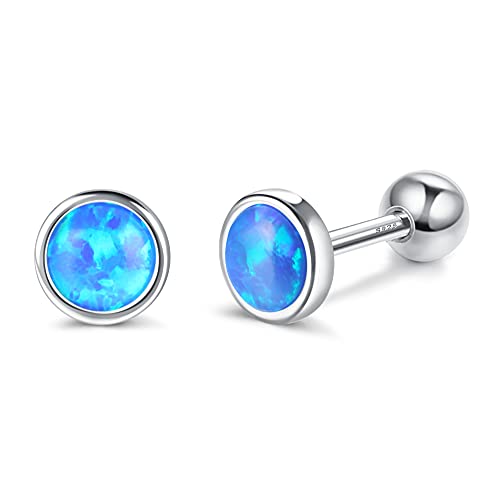 Milacolato 925 Sterling Silver Stud Earrings 18K White Gold Plated Hypoallergenic Gemstone Stud Earrings 4mm Blue Created-Opal Stud Earrings for Women