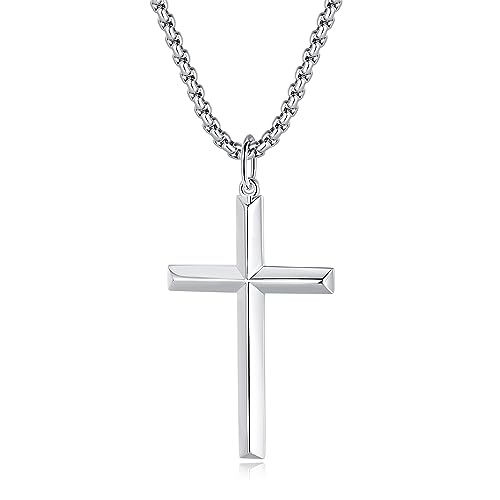 FANCIME Cross Necklace for Men Sterling Silver Cross Necklaces High Polished Gift For Men Boys, Stainless Steel Box Chain Length 24 Inch