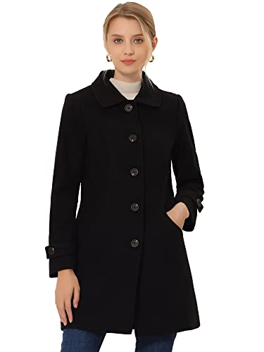 Allegra K Women's Winter Outerwear Overcoat Peter Pan Collar Mid-thigh A-line Single Breasted Pea Coat Medium Black