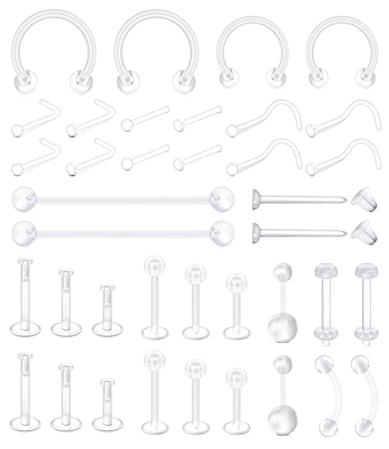 Mayhoop 38pcs Clear Piercing Retainers For Surgery Bioflex Nose Rings Belly Rings Septum Eyebrow Lip Cartilage Tragus Earring Retainer Industrial Bar Plastic Piercing Jewelry For Work