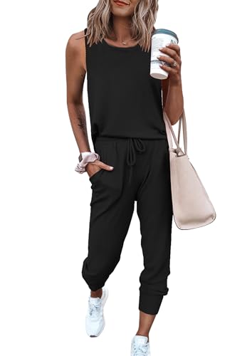 PRETTYGARDEN Women's Two Piece Outfit Sleeveless Crewneck Tops with Sweatpants Active Tracksuit Lounge Wear (Black,Medium)