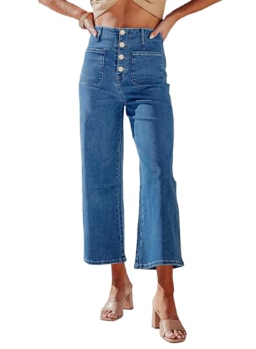 Sidefeel Women's Wide Leg Jeans High Waisted Stretchy Capri Pants Buttoned Loose Denim Pants with Pocket Blue Size 4