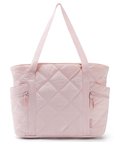 BAGSMART Tote Bag for Women, Large Tote Bag with Zipper, Quilted Puffer Bag Gym Bag Top Handle Handbag for Travel Work, Pink