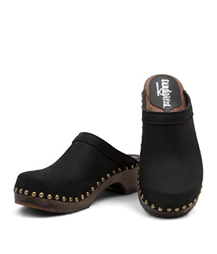 Sandgrens Swedish Low Heel Wooden Clog Mules for Women, US 9-9.5 | Athens Black DK, EU 40