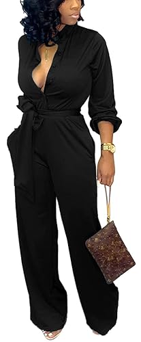 Women Black Jumpsuits Elegant Sexy V Neck Long Sleeve Lapel Collar Button Down Long Straight Pants Business Rompers with Pockets Belt