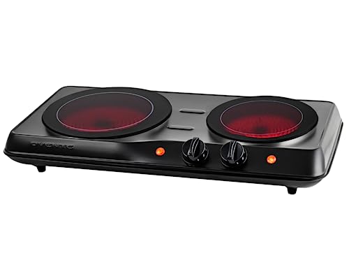 OVENTE Countertop Infrared Double Burner, 1700W Electric Hot Plate and Portable Stove with 7.75' and 6.75' Ceramic Glass Cooktop, 5 Level Temperature Setting and Easy to Clean Base, Black BGI102B