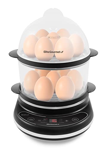 Elite Gourmet EGC314B Easy Egg Cooker Food Steamer, Rice Cooker, Poacher, Omelet & Soft, Medium, Hard-Boiled with Programmable Presets and Delay Timer, BPA Free, 14 eggs, Black