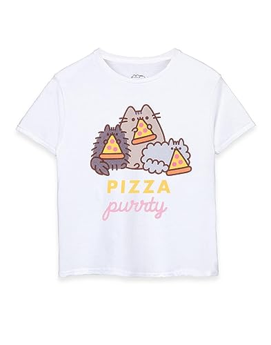 Pusheen Girls Short Sleeve T-Shirt | Young Ladies Pizza Purrty Cat White Graphic Tee | Internet Cat Cute Daywear